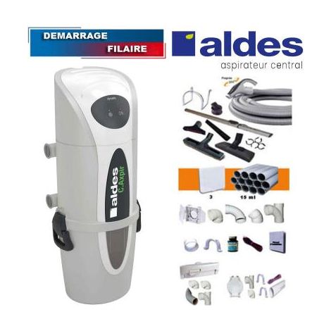 Aldes – Centrale d'aspiration C.Axpir® Dynamic – Filtration cyclonique sans sac – Débit d'air 210 m³/h – Kit complet 8 accessoires et 3 prises