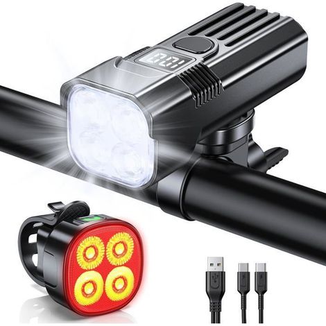 Lumière Vélo Avant et Arrière,  [Écran LED de Puissance] 2000LM Eclairage Velo Super Lumineux,  Rechargeable 3000mAh & Étanche IP65 (1/5)