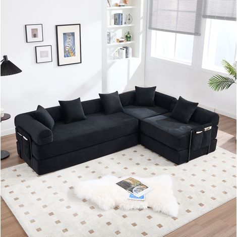 Sofá modular de pana negra 270x180 cm, convertible con bolsillo lateral de almacenaje (1/5)