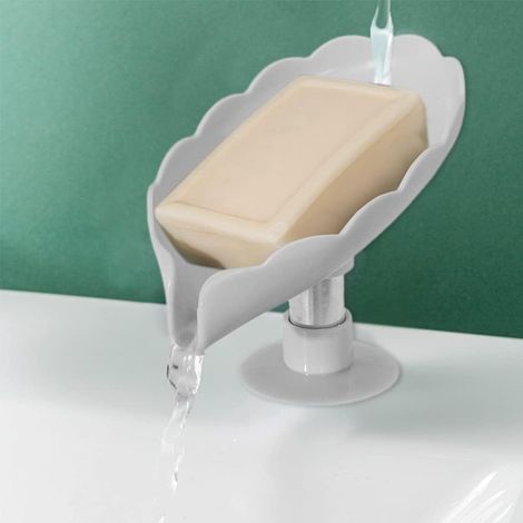 Porte-savon en forme de feuille ABS auto-drainant créatif avec ventouse, pour douche, salle de bain, baignoire, éponge, brosse à récurer – Gris–DELKEVIC (1/5)