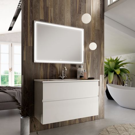 Meuble de salle de bain simple vasque - 2 tiroirs - blanc - MIG et miroir Led VELDI - 80cm (1/3)
