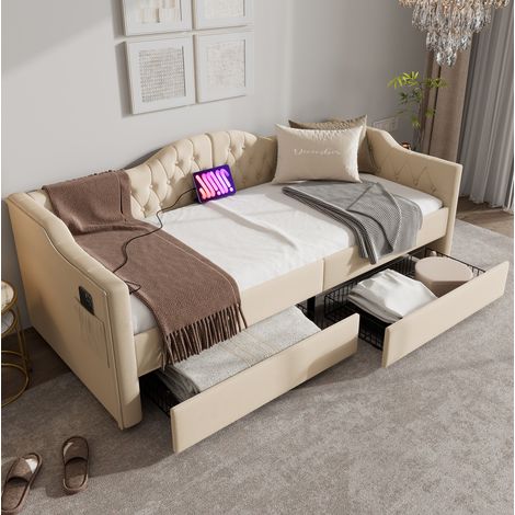 Tagesbett mit Schubladen USB-C 90x200 Samt Beige OKMYHOME (1/5)