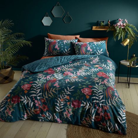 Catherine Lansfield Set copripiumino matrimoniale reversibile con federe, motivo uccelli tropicali, colore: verde