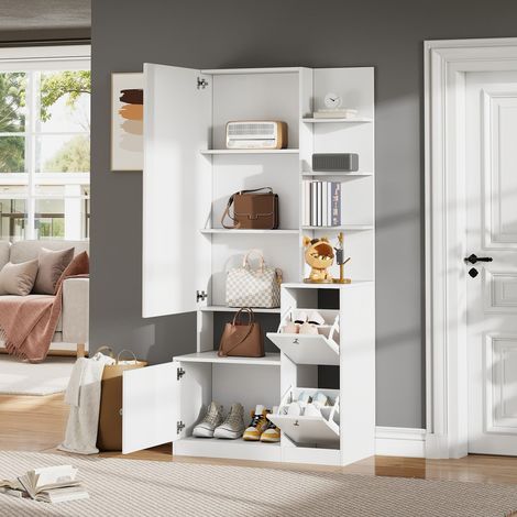Armoire rangement blanche miroir étagère à chaussures porte-manteau 2 portes 85x40x180cm (1/5)