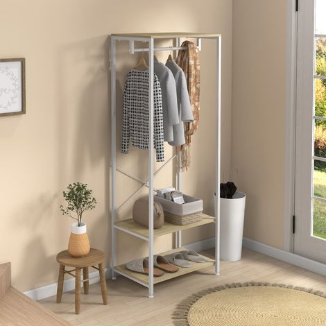Porte-manteau mural avec tringle, 2 étagères à chaussures, 60L x 40l x 167,5H cm, finition bois clair et métal blanc, meuble d’entrée pratique (1/5)