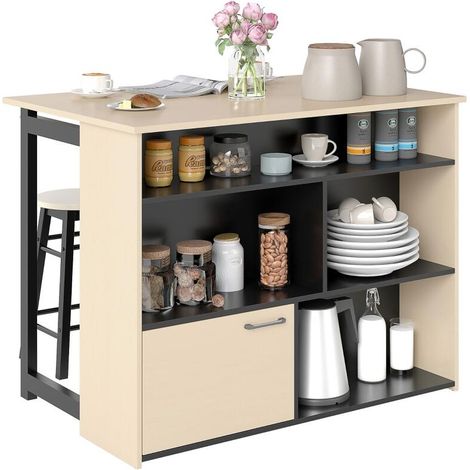 3-tlg. Barset, Bartisch mit klappbarer Tischplatte, 2 Barhocker, 6 Staufächer, schwarz+Eiche, 116 x 70 x 89,5 cm (1/5)