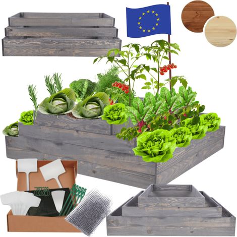 MODO24 ZP09 Carré potager surélevé en escalier modulable, bois de pin, herbes/légumes, jardin/terrasse/balcon, 36x117x100 cm, gris