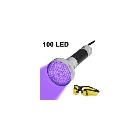 Lampe torche argentée à 100 LED violettes + lunettes de protection (1/5)