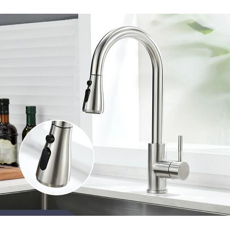 Robinet d'évier de cuisine (3 vitesses brossées) en acier inoxydable avec douchette extractible, mitigeur à montage sur plage, robinets eau chaude/eau froide (1/5)