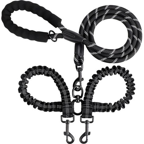 Laisse double pour chien - Laisse double réfléchissante avec poignée confortable, utilisable en double (une ou deux laisses) - Sangle en nylon extensible - Noire (1/5)