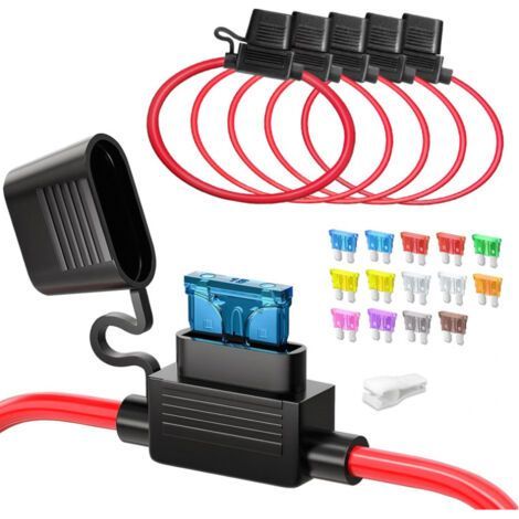 Stück 12(1)+16AWG(4) Mittlerer Inline-Sicherungshalter, ATC/ATO Kfz-Flachsicherungshalter 12V wasserdicht für Auto/LKW/Motor + 14 Stück Standardsicherungen (2A 3A 5A 7,5A 10A 15A 20A 25A 30A 35A) (1/5)