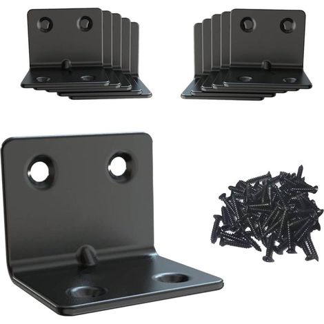 Set di 24 rinforzi angolari, di dimensioni 31x31x37 mm, di colore nero, realizzati in acciaio inox, adatti per mobili in legno e metallo. (1/3)