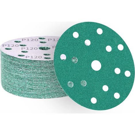 Disques abrasifs 150 mm grain 120, papier abrasif en alumine calcinée 15 trous, revêtement abrasif antiadhésif pour ponceuse orbitale (50 pièces) (1/5)