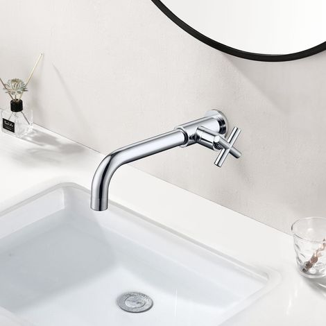 Robinet de Mural Eau Froide, Robinetterie avec Croix Poigné pour évier de Cuisine Jardin Extérieur, Robinet Mural Lavabo en Laiton, Chrome PTMP20C (1/5)