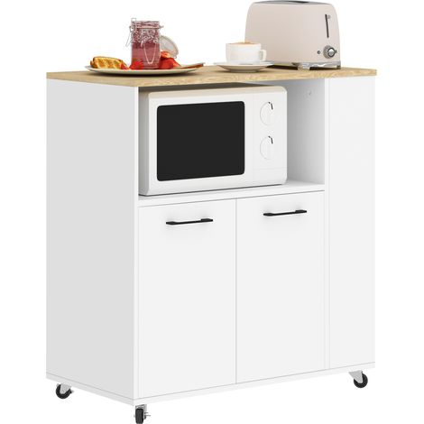 Desserte de cuisine à roulettes, Îlot central cuisine avec plan de travail et étagère réglable, 75x40x80,5cm, blanc