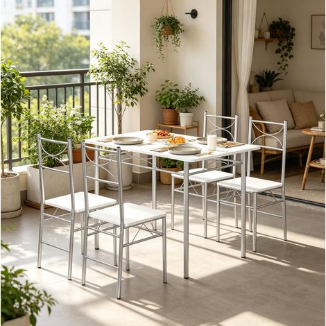 Conjunto de mesa de comedor con 4 sillas, MDF y metal, blanco y plata HAVRYA (1/5)