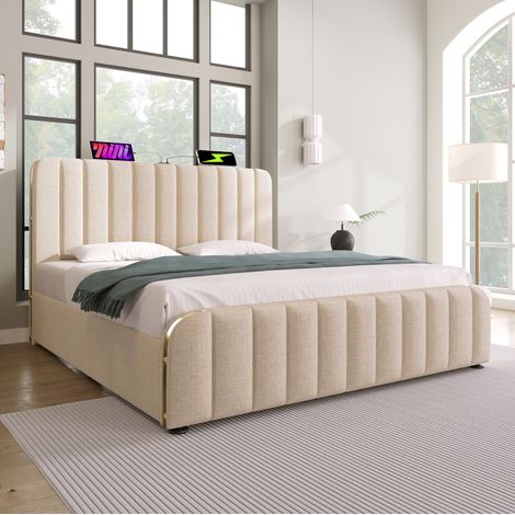 Bett Doppelbett Stauraum 140x200 Leinen Beige OKMYHOME (1/5)
