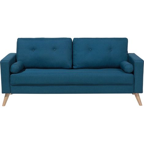 Fabric Sofa Blue Fabric Upholstery 2 Seater Button Tufted with Two Bolsters KALMAR