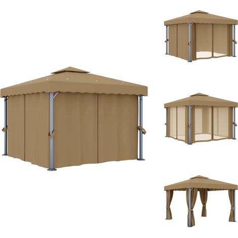Tonnelle avec rideau 3x3 m Taupe Aluminium - Tente Extérieure - Auvent - Abri Jardin - Parasol - Structure Extérieure (1/5)