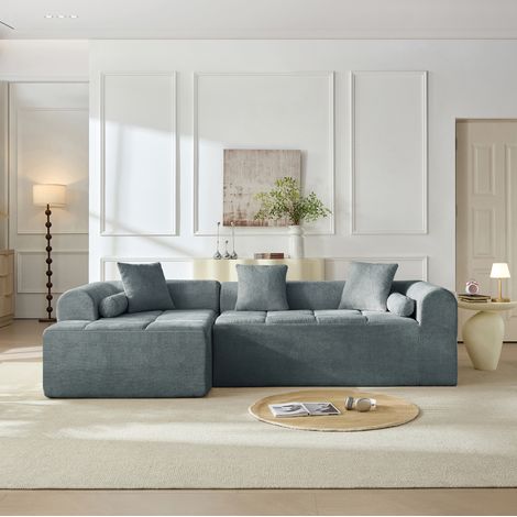 Divano angolare blu in ciniglia 263 cm con vano portagiornali OKWISH (1/5)