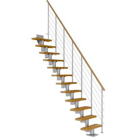 Dolle Mittelholmtreppe Dublin Gerade aus Eiche lackiert 61 cm breit für GH 259–315 cm UK Metall Perlgrau mitlaufende Edelstahlstäbe