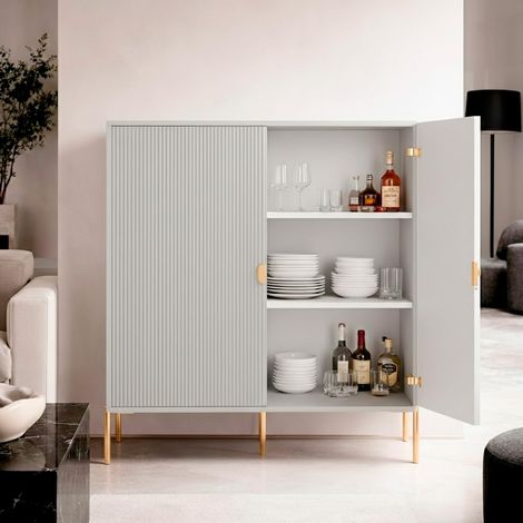 Credenza Mobile Contenitore 2 Ante Cannettate E Piedini Oro Madia Moderna con Ripiani Interni E Chiusura Soft Close Per Soggiorno Salotto E Ingresso 103.6 x 124 x 39.6 Cm Nero - Colore: Grigio (1/5)