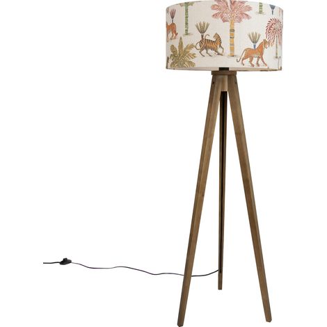 QAZQA Wooden Floor Lamp with Multicolor and Animal Print Shade