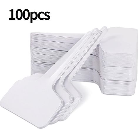 Lot de 100 étiquettes blanches en PVC en forme de T pour plantes, pots de fleurs et terreau. Étiquettes imperméables et épaisses. (1/4)