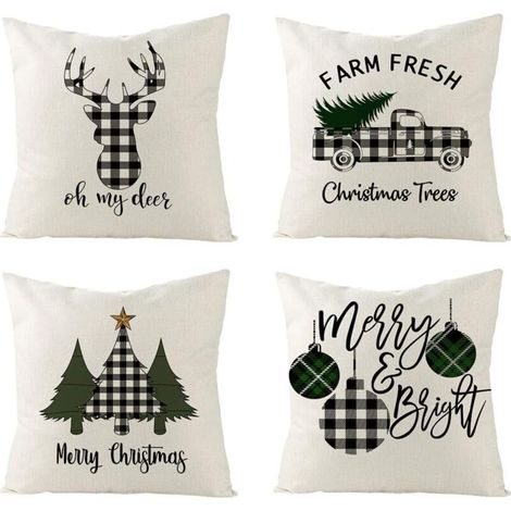 Lot de 4 Taies d'Oreiller de Noël - Housse de Coussin avec Motifs Père Noël et Sapin pour Fête - Coussin Carré pour Lit, Voiture, Maison, Canapé - 45x45 cm (1/5)