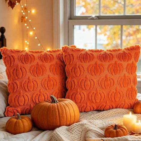 Fall 18x18 Throw Pillow Covers Set of 2, Autumn Rust Pumpkin Throw Pillow Cases Soft Plush Faux Fur Wool 45 x 45 cm Autumn Cushion Case for Indoor Home Bedroom Couch Sofa Decor (Orange) (1/5)