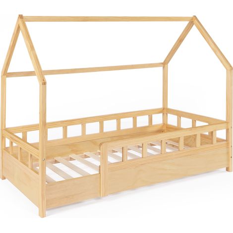 Idmarket – Lit cabane enfant 80 x 160 cm en bois naturel – Structure en pin avec barrières – Sommier 12 lattes – Design scandinave