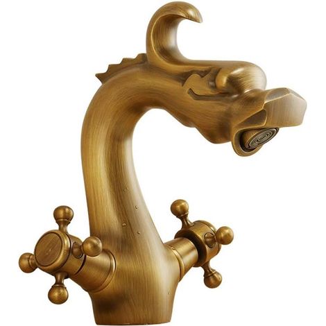 Antique brass bathroom sink faucet, black, double handle, hot and cold water mixer (1/5)