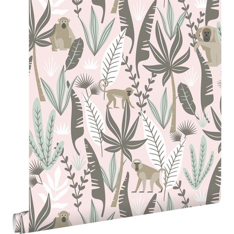 papier peint singes de la jungle rose clair et vert menthe - ESTAhome (1/5)