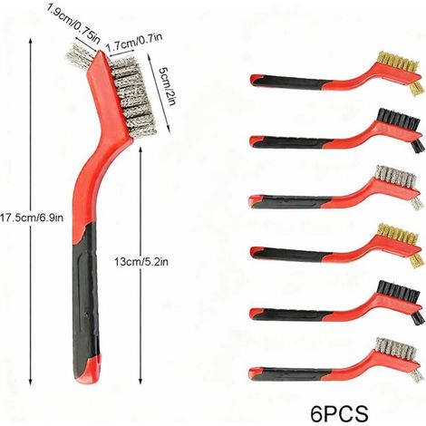 Un set di 6 spazzole metalliche realizzate in acciaio inossidabile, ottone, fibra di carbonio e nylon per la pulizia delle scorie di saldatura, la rimozione di ruggine e polvere. (1/4)