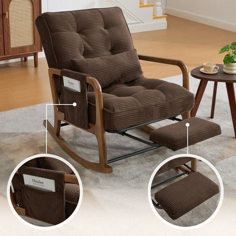 Fauteuil à bascule velours côtelé marron 70x80x92cm repose-pieds poches latérales coussin lombaire dossier réglable salon chambre enfant (1/5)
