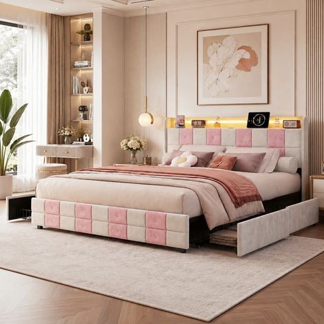 Lit coffre 140×190 cm,4 tiroirs de rangement,lit double rembourré,lumière LED et port USB,cadre de lit 140×190,style moderne,sommier à lattes,lit adulte,lit ados,Velours,Blanc et rose (1/5)