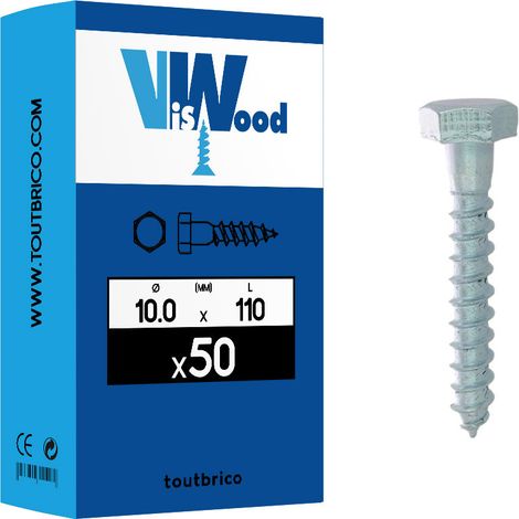 50 vis bois tirefond 10x110/66mm tête hexa zingué Viswood