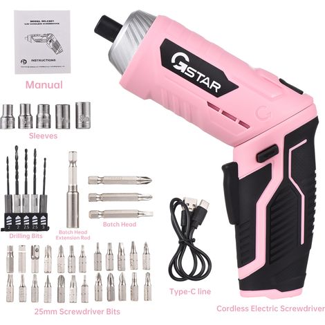 GSTAR Kit de 41 tournevis électriques sans fil 3 Nm, batterie lithium-ion rechargeable 3,6 V, poignée pivotante, lampe LED, câble de charge USB-C et étui de transport (1/2)