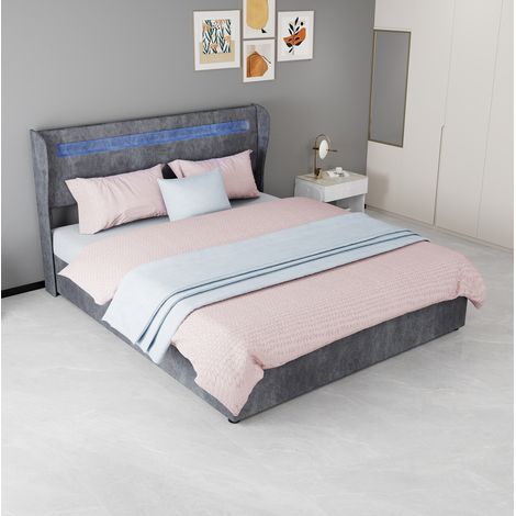 Cama baúl 160x200 cm con cabecero LED regulable, gris, tela y metal HAVRYA (1/5)