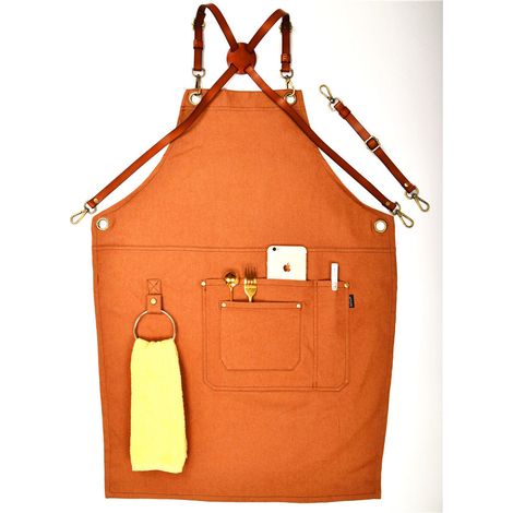 Tablier en similicuir PU Unisexe avec Lanière en Cuir, Chef de Cuisine BBQ, avec Pochettes Croisées Brun