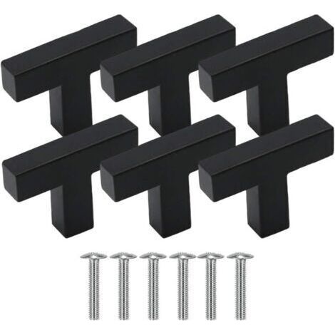 6 Poignée Meuble Acier Inoxydable, Bouton de Porte en T, Poignée Meuble 1 Trou Boutons de Tiroirs Noir Boutons Carrés avec Vis pour Tiroirs Armoires Placard Commode (1/4)