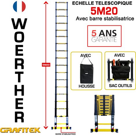 Echelle télescopique 5m20 Woerther avec barre stabilisatrice - Avec housse et sac porte outils - Charge maximal 150Kg - Garantie 5 ans
