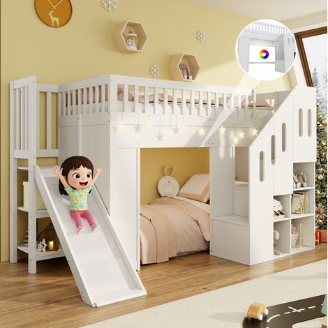 Kinder-Hochbett 90x200 cm mit Rutsche, Stauraumtreppe und LED, weiß HAVRYA (1/5)