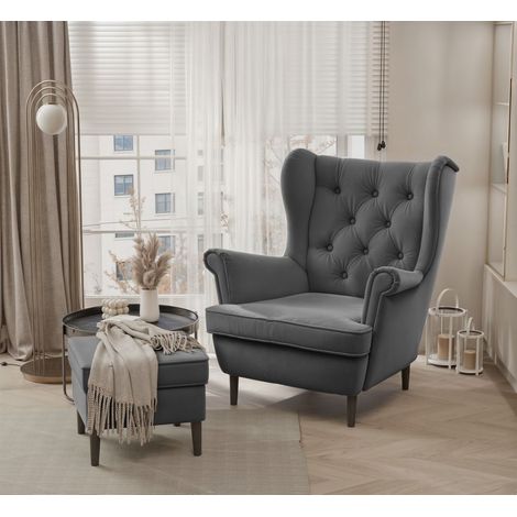 Sessel Ohrensessel NINON inkl. Hocker in Stoff Trinity Dunkelgrau