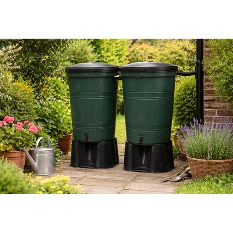 Set of 2 x 200L Water Butt Kit 400L Green with Stands & Linking (1/5)
