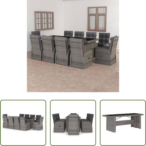 Salle à manger extérieure - Salon de jardin 11 pcs avec coussins Résine tressée Gris (1/5)