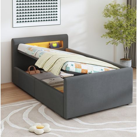 Lit simple 90x200 avec rangement LED velours gris HAVRYA (1/5)