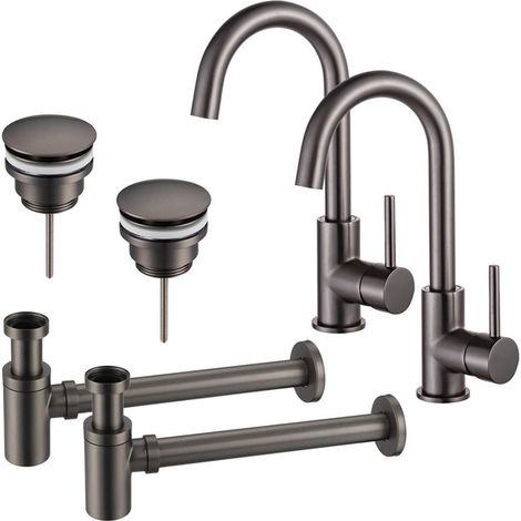 FugaFlow Eccelente Sobrado Kit robinet lavabo - pour double vasque - robinet haut - bec rotatif - bonde clic clac - siphon design bas - PVD (1/4)