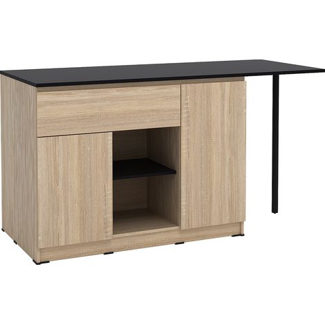 Vente-Unique – Ilot central de cuisine 169.8x90.5x70 cm – 2 portes, 1 tiroir, 2 niches – Panneau de particule naturel et noir – Charge max 35 kg