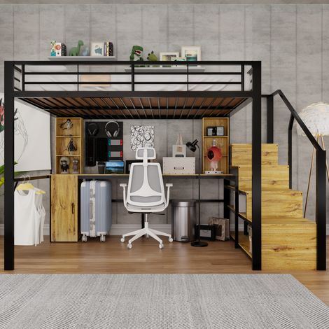 Hochbett 140x200 cm mit Lattenrost - Schreibtisch Schrank Stauraumtreppe und USB-Anschluss für Jugendzimmer aus Metall und Holz stabiles Industriedesign - schwarz (1/5)